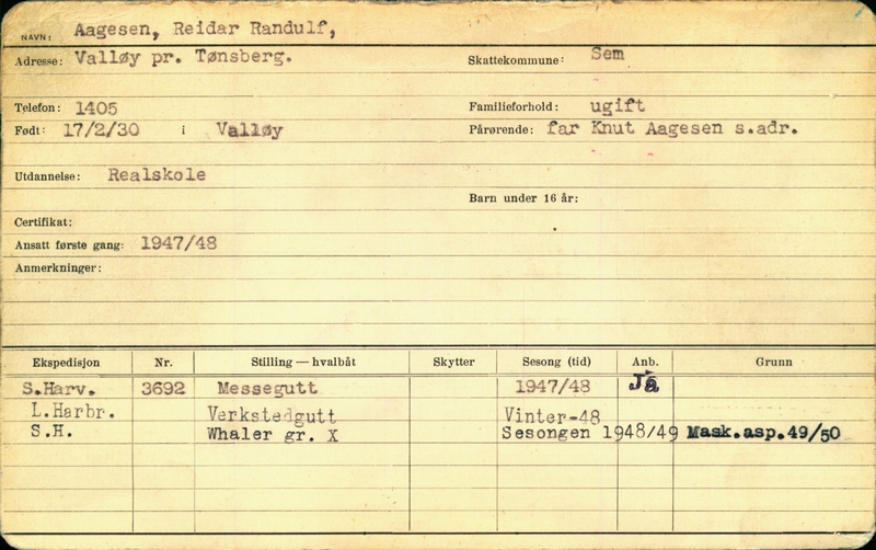 Mannskapskort - Chr. Salvesen & Co Ltd (repr. Onesimus Andersen)
