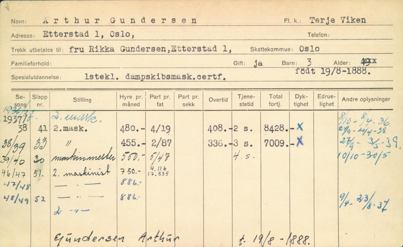 Eksempel på mannskapskort fra N. Bugge AS i Tønsberg
