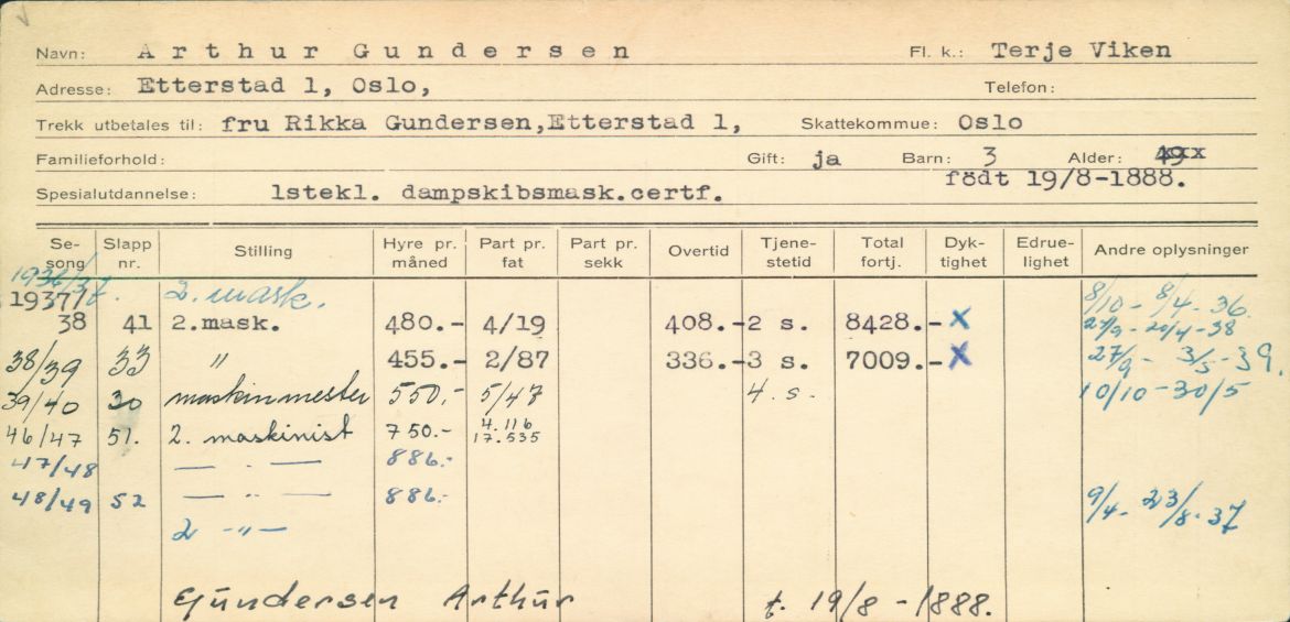 Mannskapskort fra reder og agent N. Bugge AS