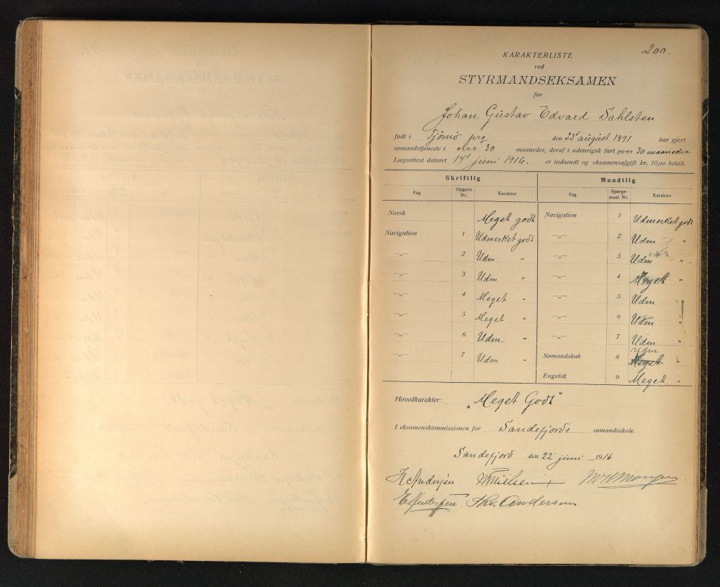 Sandefjord Sjømandsskole - Eksamensprotokoll 1912