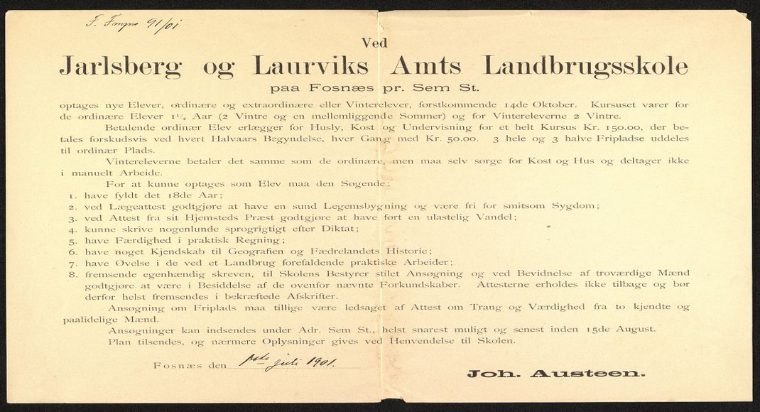 Fossnes Landbruksskole - Opptakskrav 1901