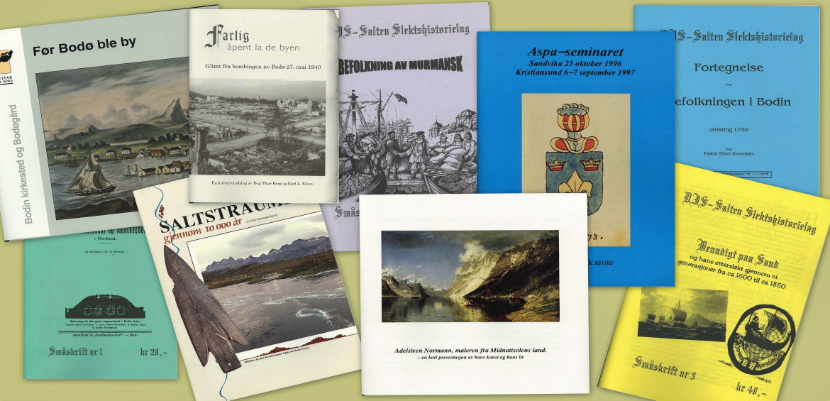 Kollasj av småhefter fra Slekt og Data Salten