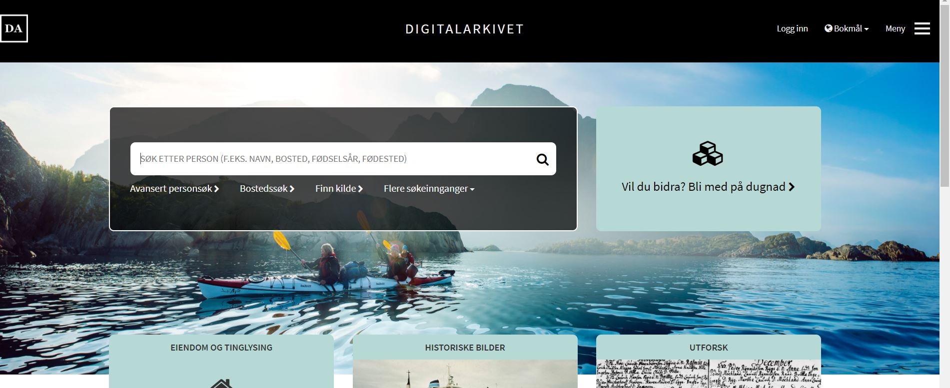 Skjermbilde av forsiden til Digitalarkivets nettside