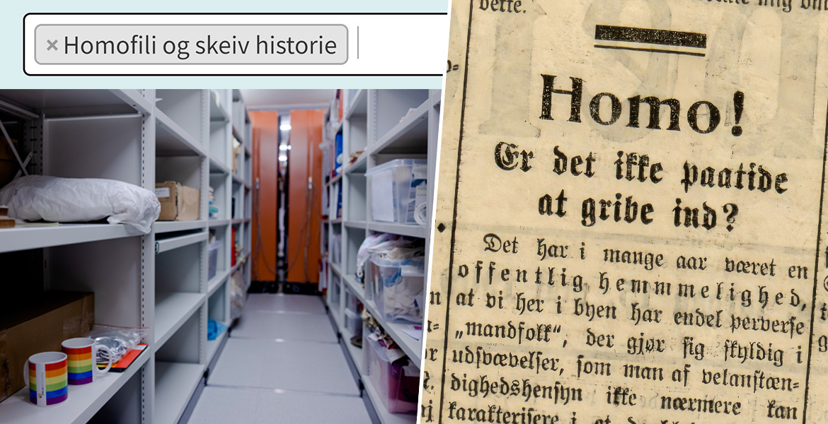 Kollasj: Arkivet hos Skeivt arkiv, skeiv emneknapp på Digitalarkivet og avisutklipp