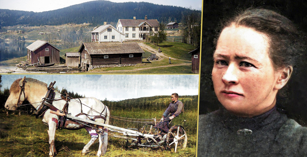 Kollasj_Olea og Gine-saken. Bilde av Olea, Olea kjører hest og der hun bodde