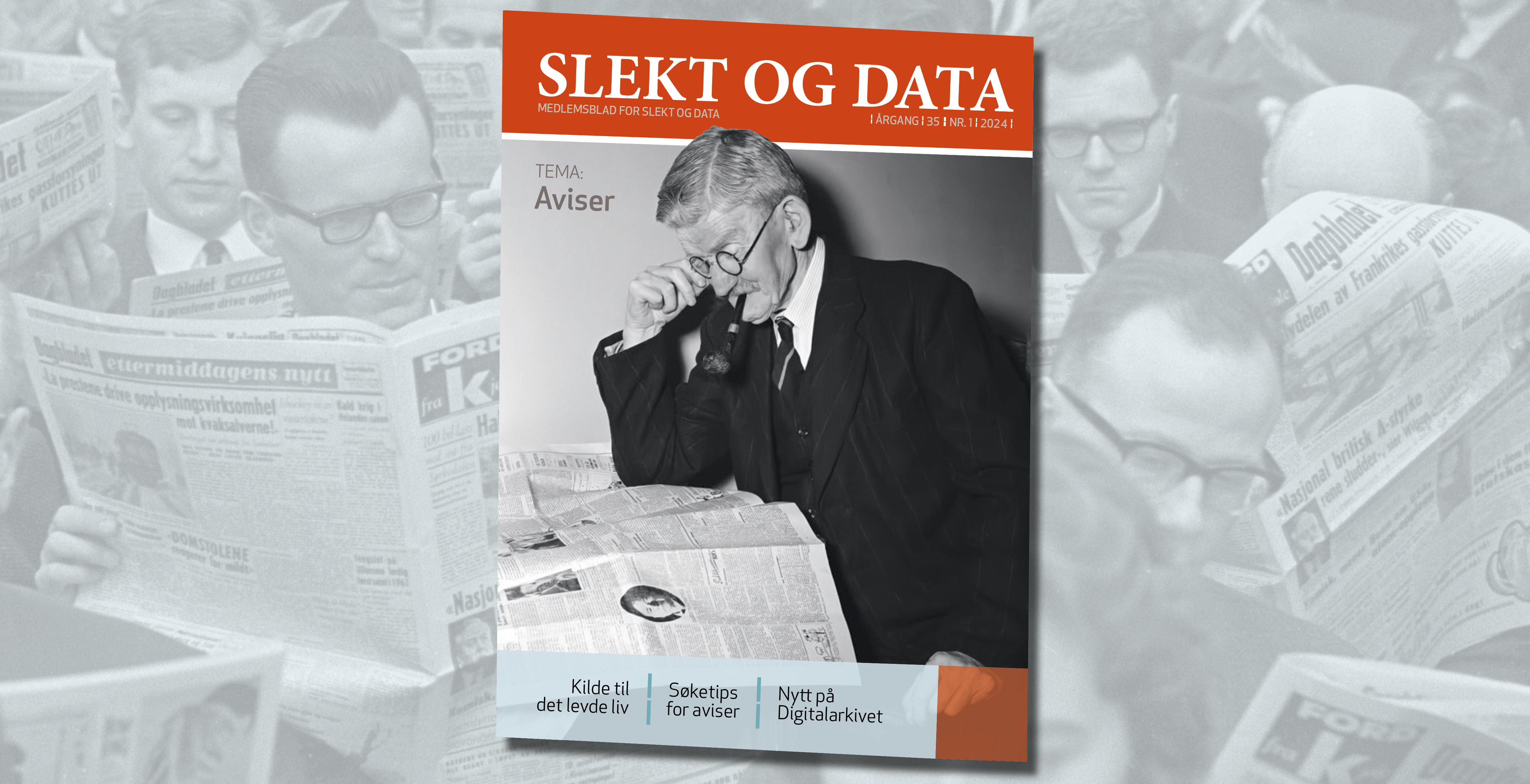 Forsiden av det nye medlemsbladet om aviser og bakgrunnen viser folk som leser aviser
