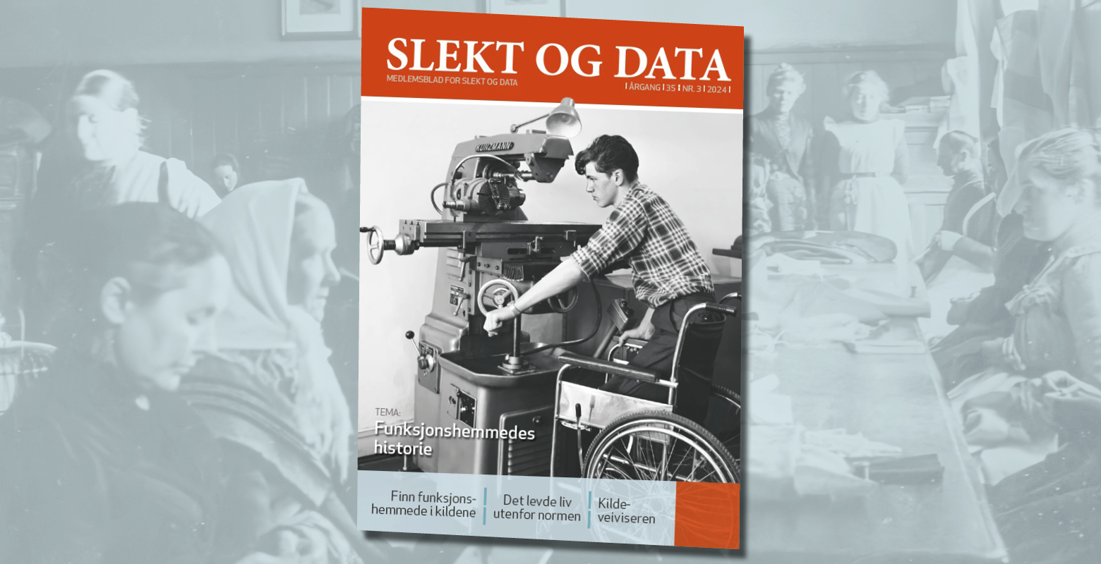 Forside av bladet, med bakgrunn. Mann i rullestol som jobber