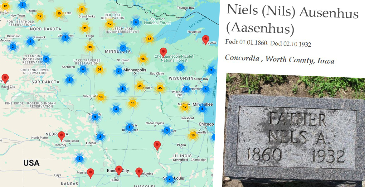 Kartvisning over USA i Gravminner + grav registrert i databasen