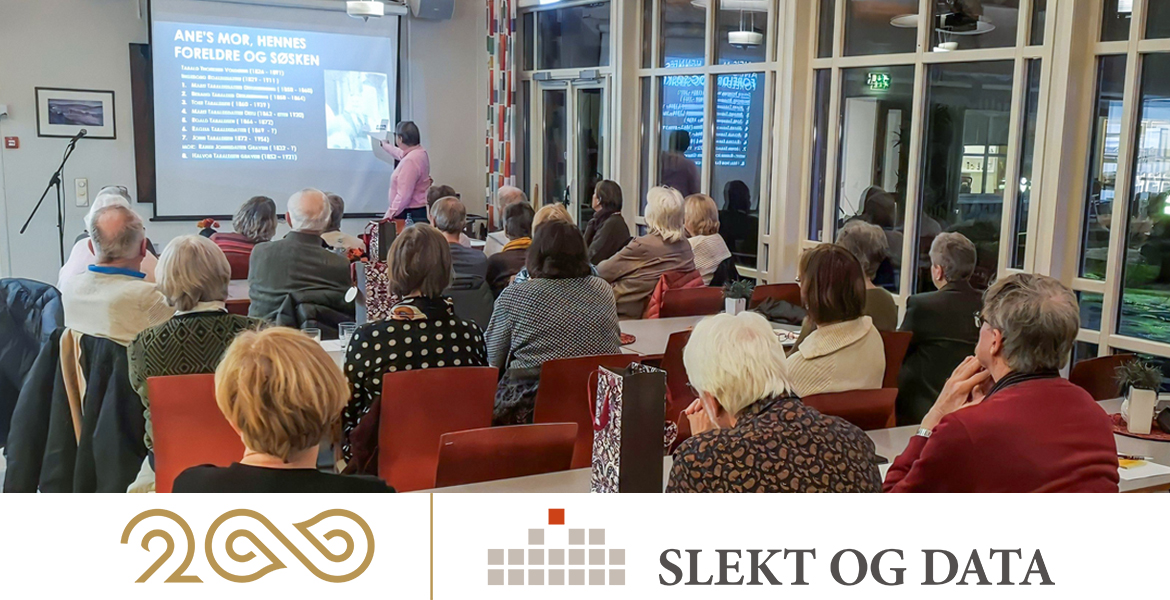 Foredrag, mange tilhørere. Logoen til Slekt og Data + Crossings200