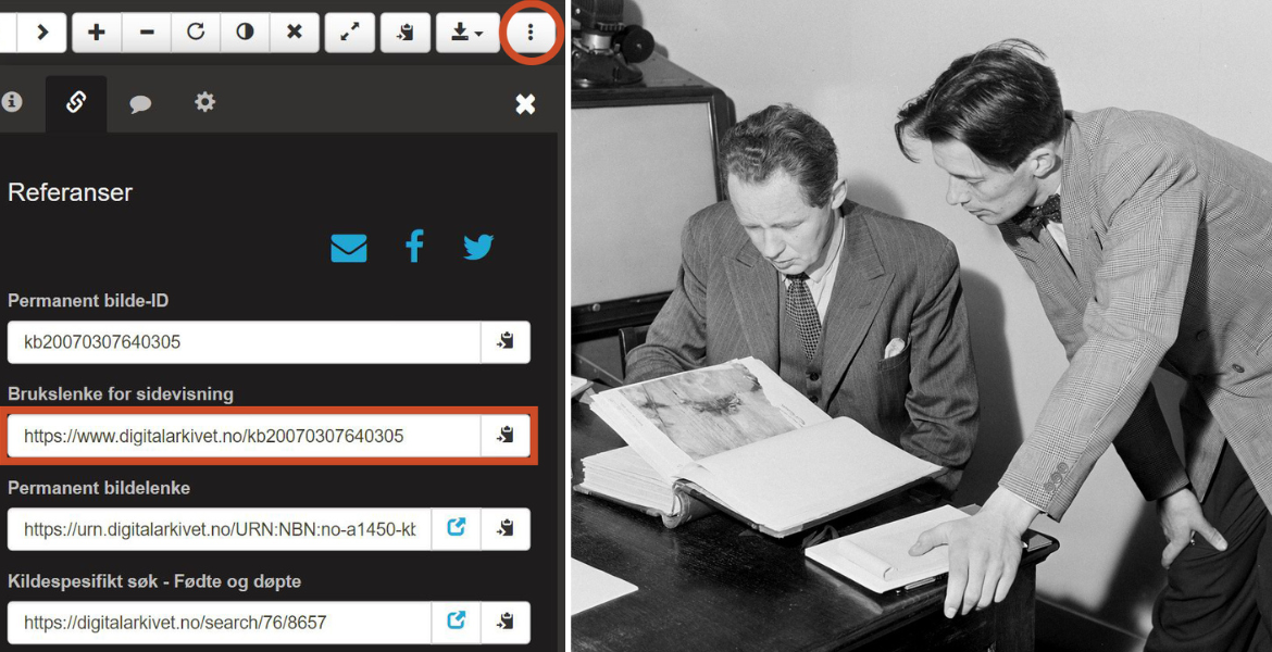Kildehenvisning fra Digitalarkivet + to menn leser bok