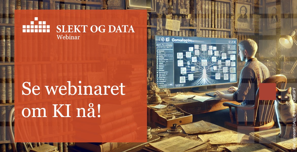 Tekst: "Se webinaret om KI nå!". Bakgrunn: Bilde av en mann på PC, KI-generert.