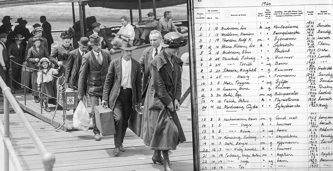 Kollasj: Til venstre; emigranter går i land. Til høyre; utklipp fra emigrantprotokoll.