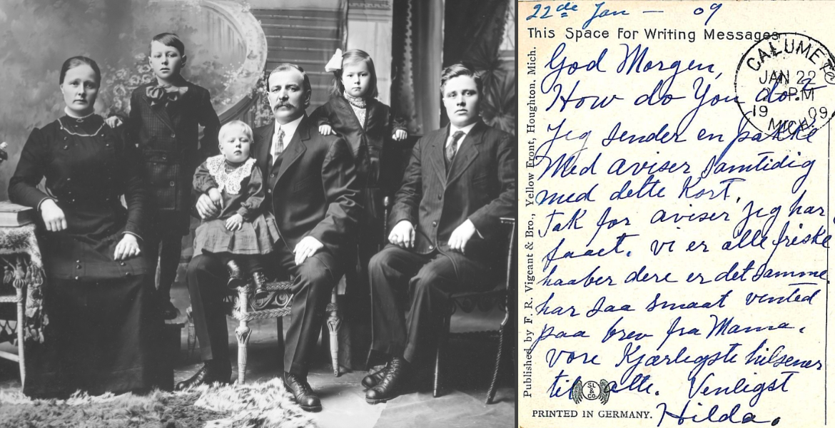 Kollasj: 1) Familiebilde 2) Postkort