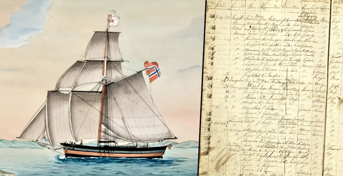 Kollasj: 1) Sluppen Selen som ligner Restauration. 2) Faksimile av dokument fra Restauration.