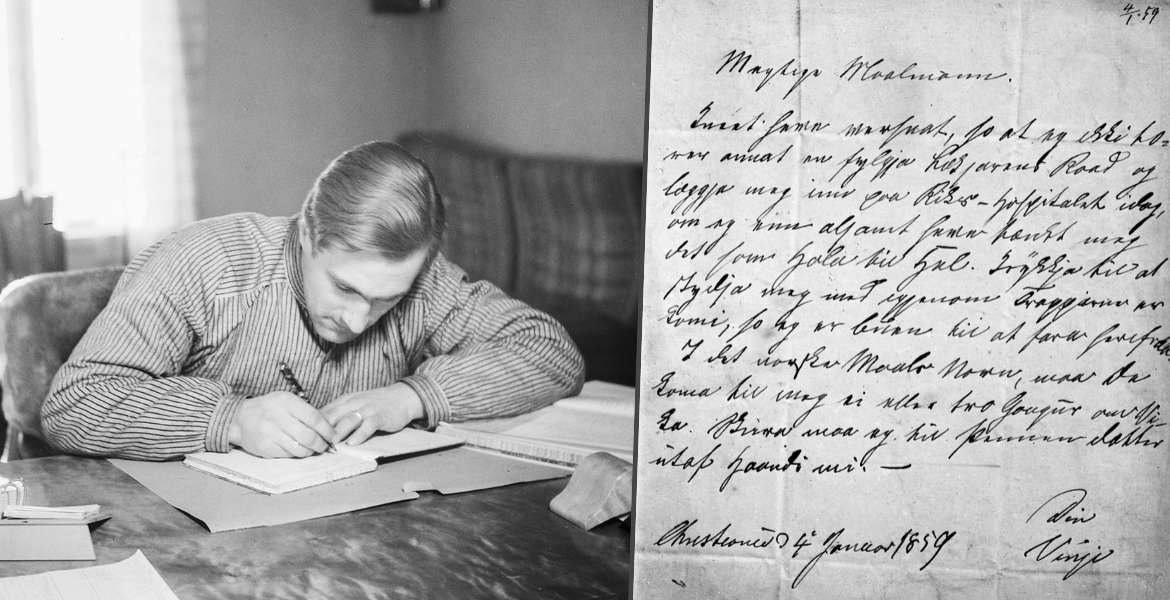 Kollasj: Brev + Mann skriver brev