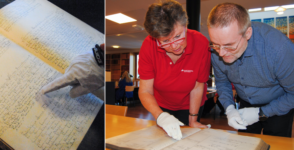 En mann får slektshjelp av en frivillig i Slekt og Data Oslo/Akershus