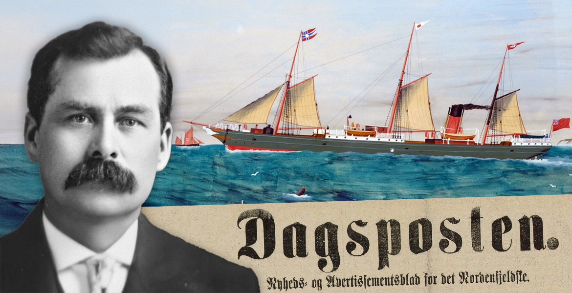 Kollasj: Edvard Hargaut-portrett, Dagsposten-tittelblad og maleri av båt