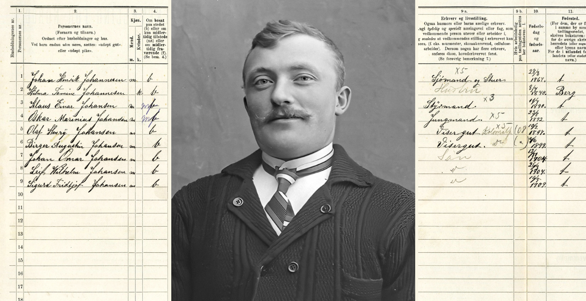 Kollasj: Bilde av mann i midten. Bakgrunn: Folketelling fra 1910