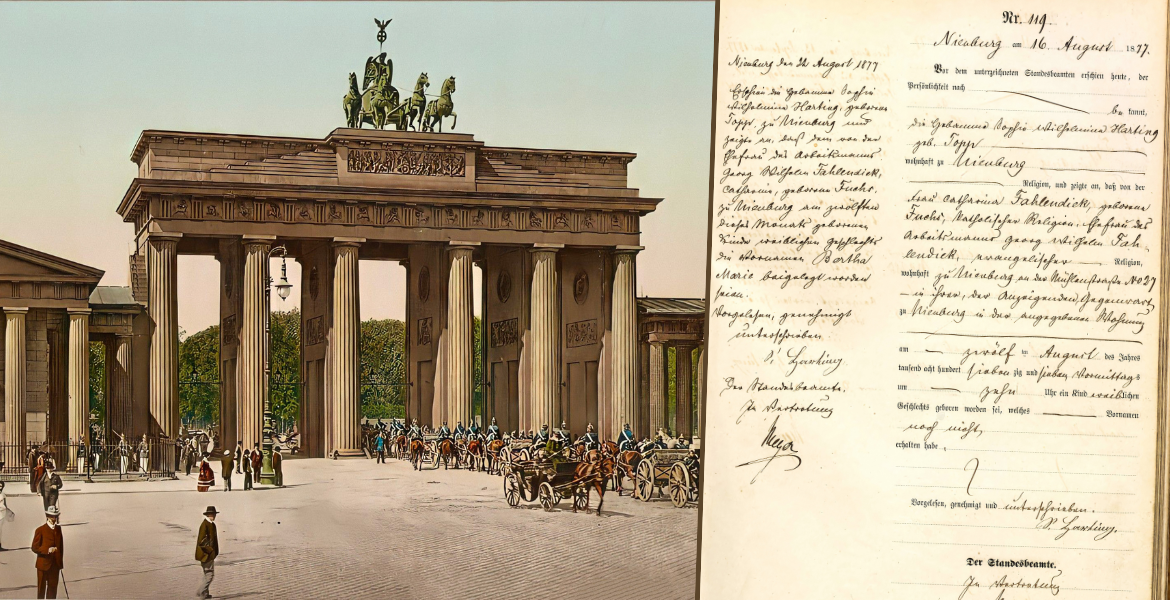 Kollasj: Brandenburger Tor ca 1900 og folkeregister over fødsel fra 1877 i Tyskland