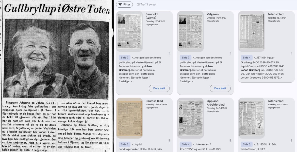 Kollasj: Foto av ektepar med gullbryllup i avis + skjermdump fra nettbiblioteket i Nasjonalbiblioteket