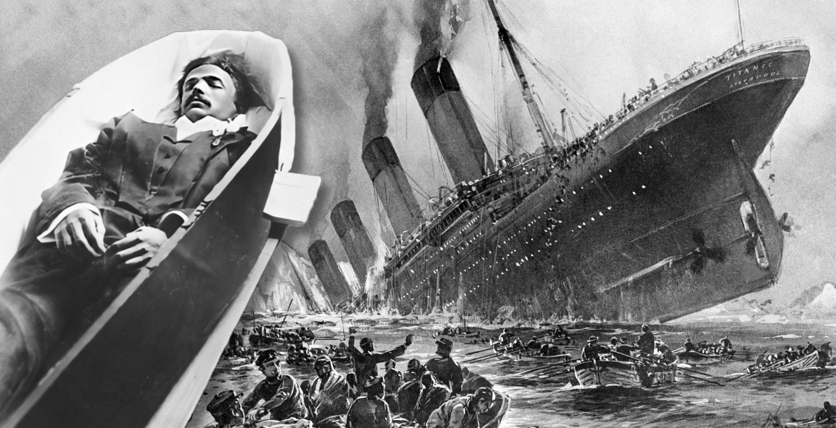 Kollasj: Tegning av at Titanic synker + Sigurd i kiste