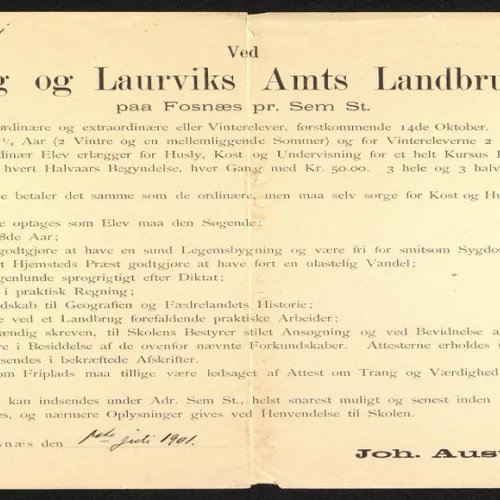 Fossnes Landbruksskole - Opptakskrav 1901