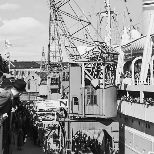 Fra Den norske Amerikalinjes (NAL) terminal på Vippetangen i Oslo i 1939.