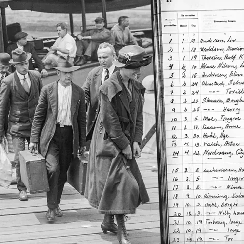 Kollasj: Til venstre; emigranter går i land. Til høyre; utklipp fra emigrantprotokoll.