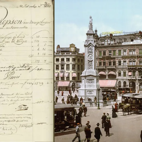 Kollasj: Nederlandsk kilde og Damplassen i Amsterdam fra cirka 1900