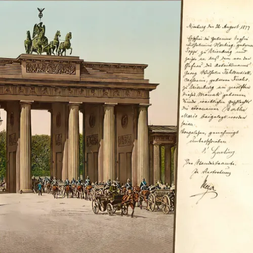 Kollasj: Brandenburger Tor ca 1900 og folkeregister over fødsel fra 1877 i Tyskland