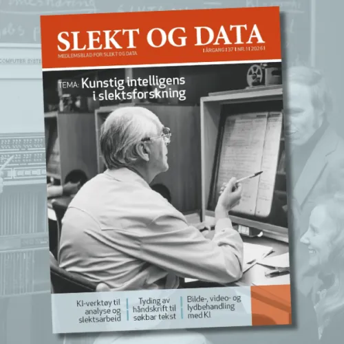 Forsiden til medlemsblad om KI. I bakgrunn: Eldre bilder fra "Norsk Data"
