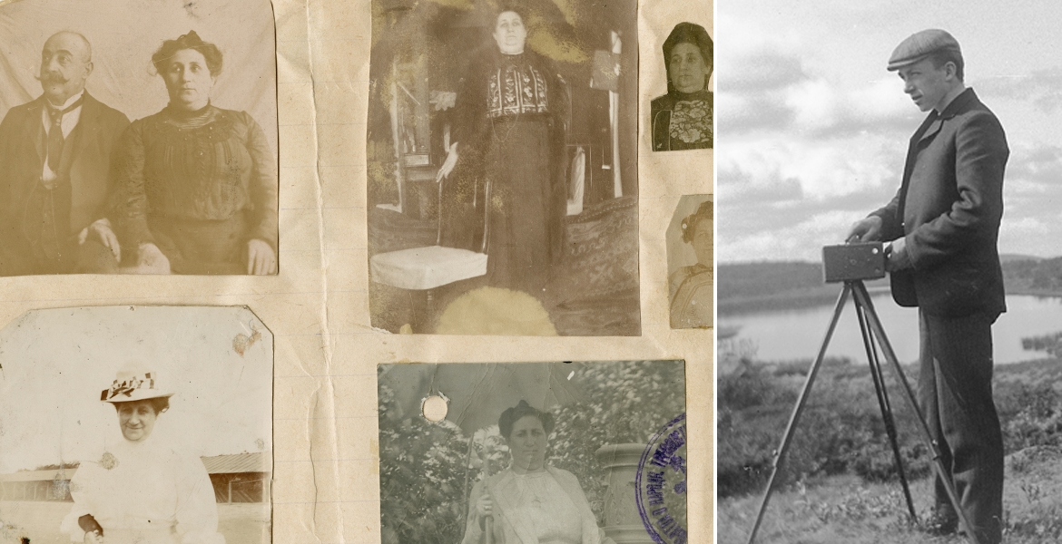Kollasj: fotografier i album og fotograf med kamera