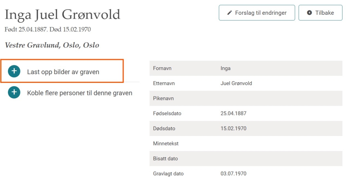Skjermdump av hvordan du laster opp bilde i Gravminner