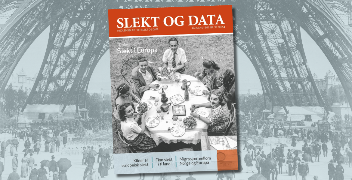 Medlemsbladet med temaet "Slekt i Europa". I bakgrunnen ses Eiffeltårnet i Paris