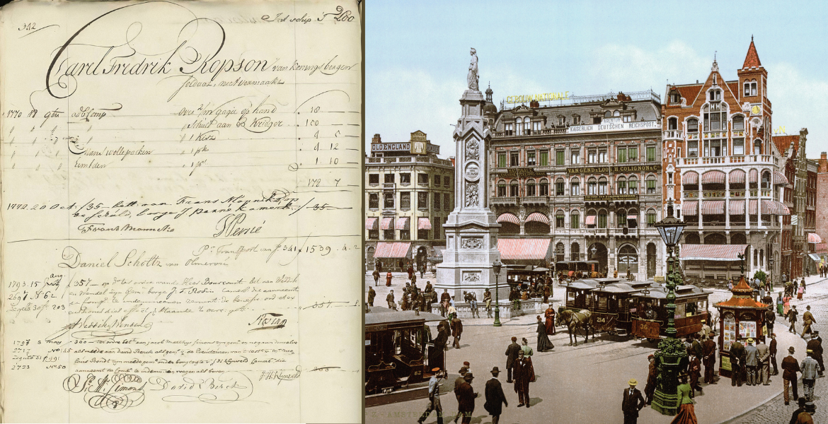 Kollasj: Nederlandsk kilde og Damplassen i Amsterdam fra cirka 1900