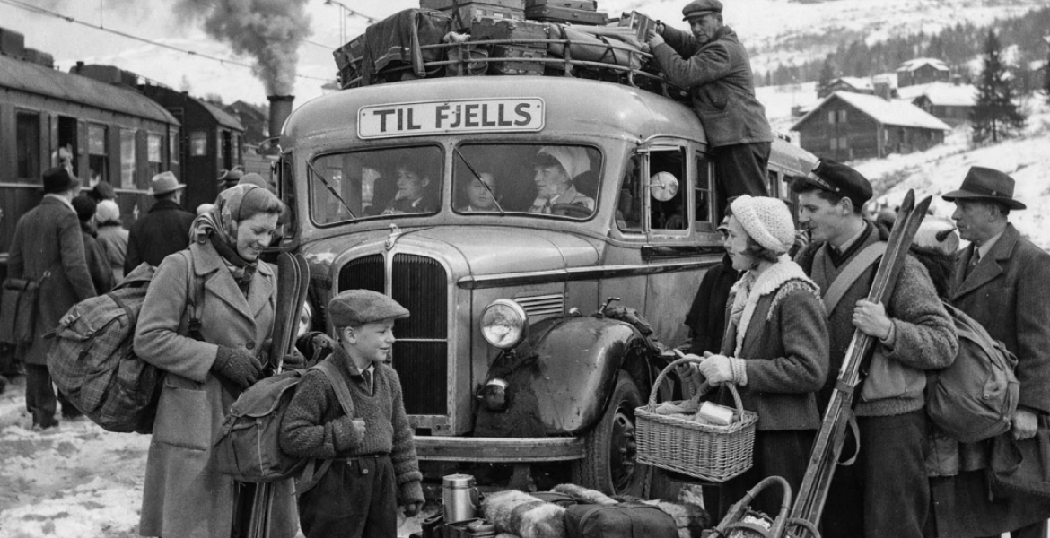 Familie på påsketur. Buss med skiltet "Til fjells"