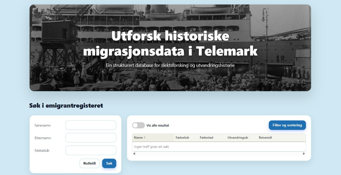 Forsiden til nettløsningen, emigrantregisteret