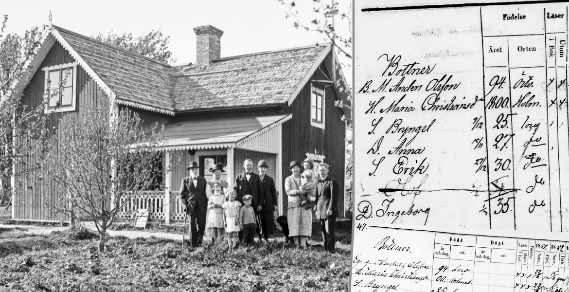 Kollasj: Svensk familie foran hus + eksempler på husforhør